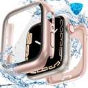 3 in 1 Goton Waterproof Hard Case for Apple Watch Screen Protector 44mm, 360 Slim Full Protective Tempered Glass Face Cover + Back Hard PC Bumper for iWatch SE 3/SE 2/SE, Series 6/5/4, 44mm Rosegold