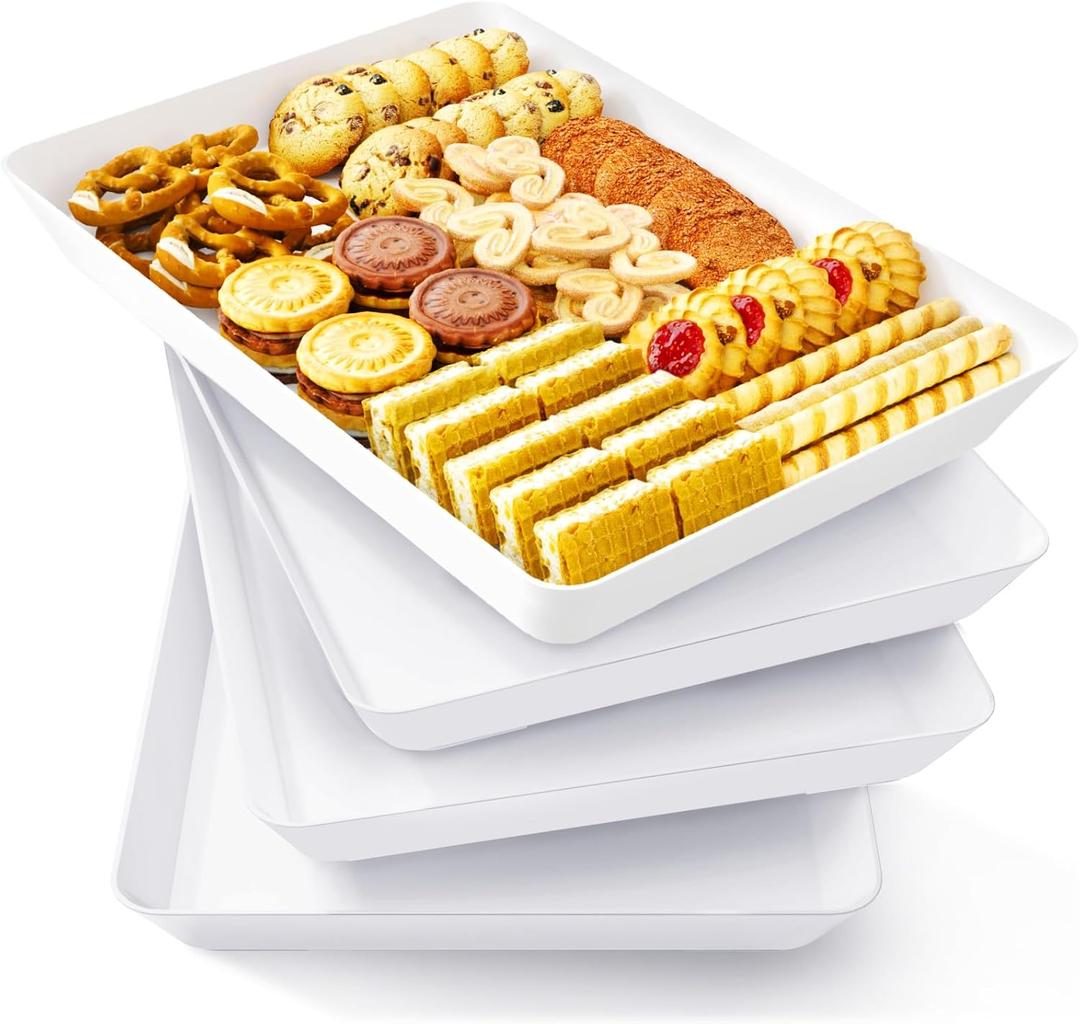 Lifewit Plastic Serving Tray for Party, 4 Pcs White Trays for Serving Food, Reusable Platters for Buffet, Fruit, Cookie, Charcuterie, Appetizer, Snack, Rectangle, New Year Party Supplies, BPA Free