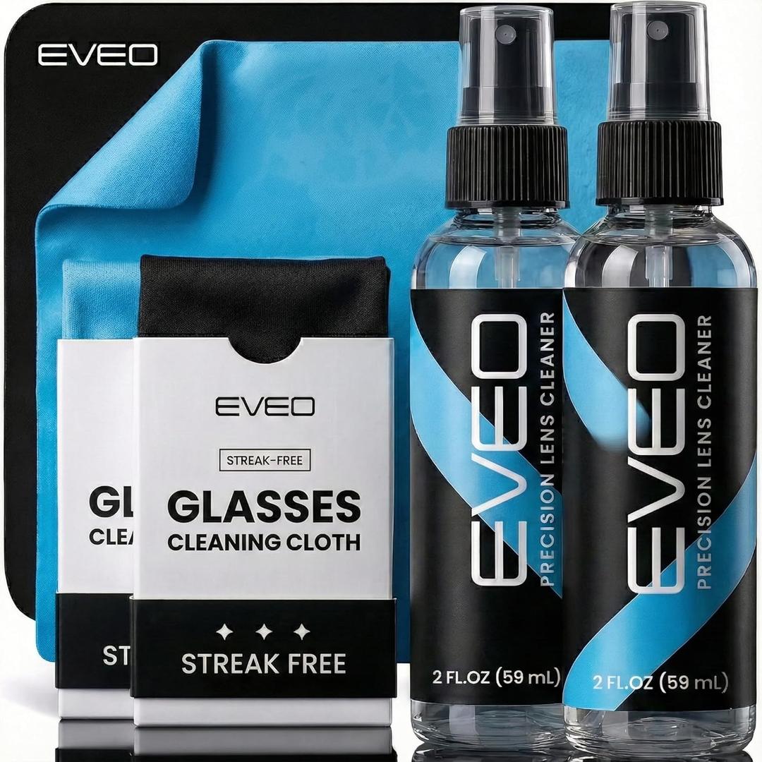 EVEO Eyeglass Cleaner Spray - Glasses Cleaner No Streaks Technology & Microfiber Cleaning Cloth - Glasses Cleaning Kit, Eye Glass Cleaners Spray Lens Cleaner - Screen & Eye Glasses Kit - 2 Pack (4 Piece Set, Black)