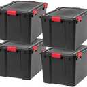 IRIS USA 4-Pack 74 Qt Storage Bins with Gasket Lids, Black/Red | WeatherPro seal helps protect bulky items for moving, garage, attic and basement storage