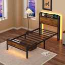 Twin Bed Frame with Charging Station and LED Lights,Heavy Duty Platform Beds Twin Size with Storage Headboard,USB Port,Rustic Wood and Strong Metal Support,No Box Spring Needed, Noise Free