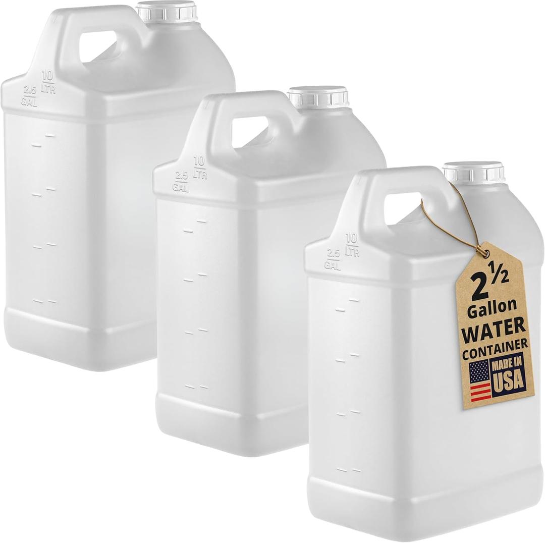 kitchentoolz 3-Pack 2.5 Gallon Water Container Jugs HDPE Carboy with Screw Caps & Top Handles Heavy-Duty Water Storage Made in USA