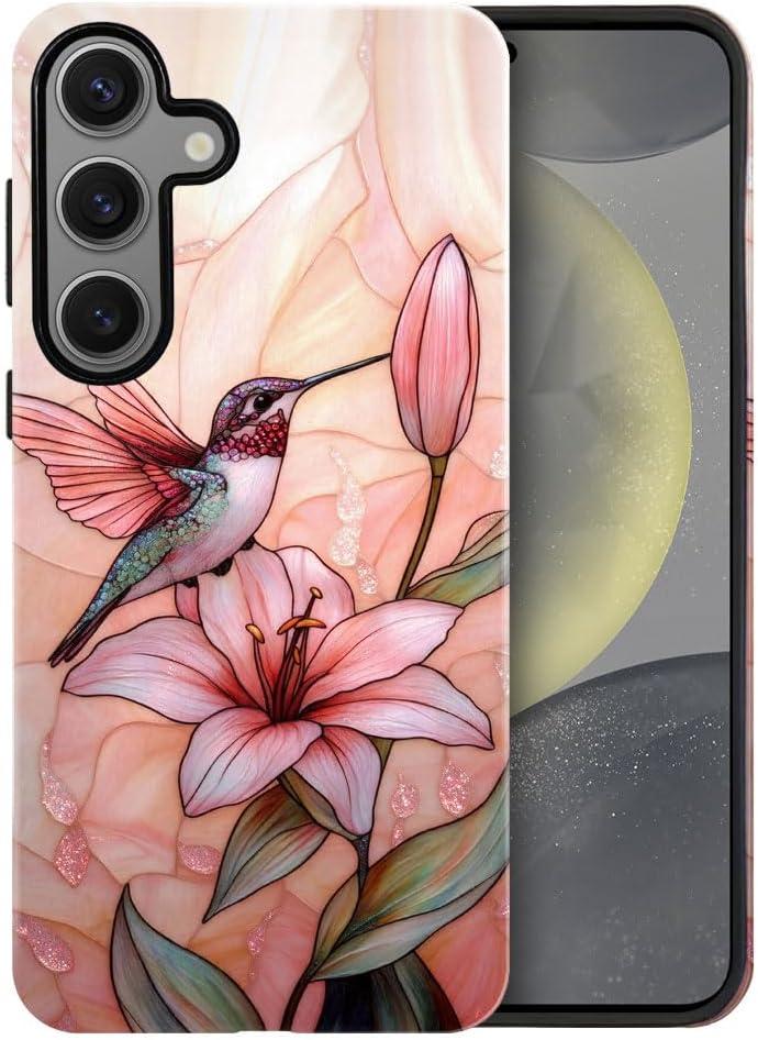 Compatible with Samsung Galaxy S24 FE Case,Glossy Case All-Round Protection Shockproof Anti-Scratches TPU Cover,Cases for Man Woman-Blooming Pink Rose Bird