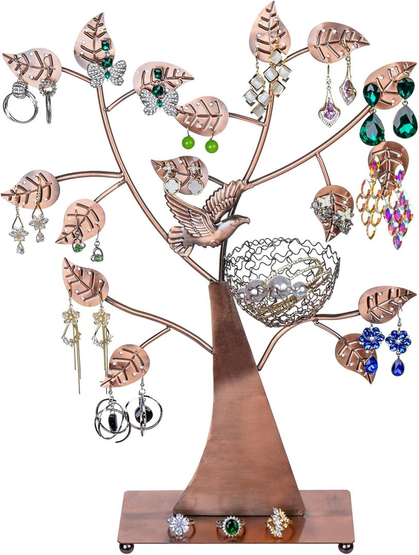 MyGift 14-Inch Modern Bronze Jewelry Organizer Tree with Bird Nest  Holds 48 Earrings, Necklace & Bracelet Stand, Metal Tabletop Display for Rings, Trinkets  Decorative Storage for Home Dcor
