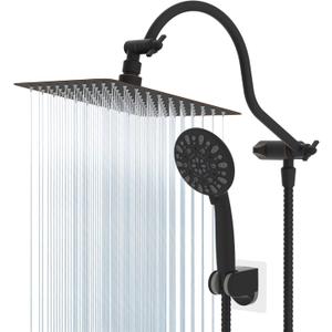 Hibbent All Metal Shower Head, 10'' High Pressure Rainfall Shower Head/Handheld Showerhead Combo with 12'' Adjustable Curved Shower Extension Arm, 7-Spray, 71'' Hose, Shower Holder, Oil Rubbed Bronze