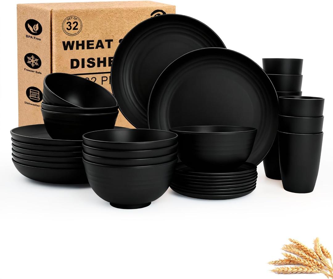 Wheat Straw Dinnerware Sets for 8,Plastic Plates and Bowls Sets 32-Piece, Unbreakable & Lightweight Dish Set, Camping Plates, Cereal Bowls, Cup Sets for Kitchen, Apartment Essentials - Black