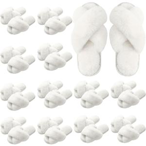 Bulk Bridesmaid Slippers,Cross Band Open Toe Fuzzy Slippers Bulk (White, Size: 9.5) 12 pack 