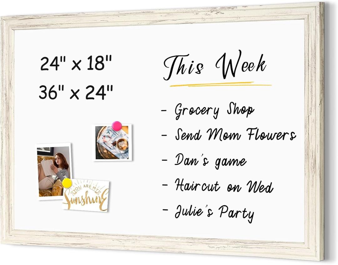 4 THOUGHT Dry Erase Board, 24 x 36 in Magnetic Whiteboard White Vintage Wood Frame Wall-Mounted White Board Decorative Notice Board for School, Office, Home, 8 Magnets 4 Markers 1 Eraser