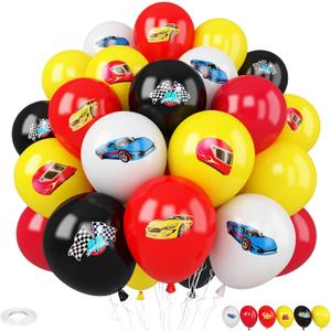 Race Cars Balloons,30 Pcs 12inch Red Yellow White Balloons Race Printed Latex Balloon for Checkered Flags Racing them Party Boys Birthday Fast Gathering Decorations Supplies