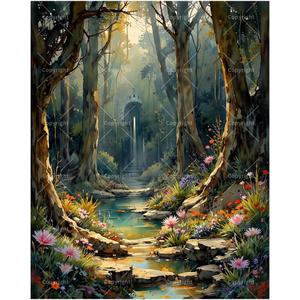 Fantasy Paint by Numbers Kit for Adults - DIY Enchanted Forest with Stream and Hidden Temple Painting on Canvas, Acrylic Paint Set for Beginners, Art for Home Decoration or Gifts(16X20IN Framed)