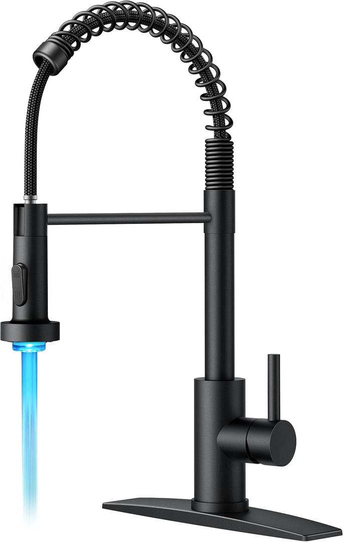 FORIOUS LED Kitchen Faucet with Pull Down Sprayer Black, Modern Single Handle Stainless Steel Commercial Spring Sink Faucet with LED Light for Pot Filler, Farmhouse Camper Bar Laundry Room