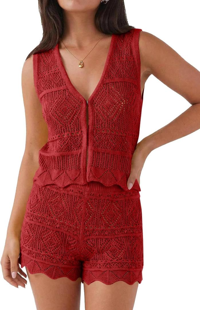 Tankaneo Womens 2 Piece Crochet Short Sets Summer V Neck Vest Tank Tops Cover Up Beach Mini Short Outfits Vacation Sets (Red) L