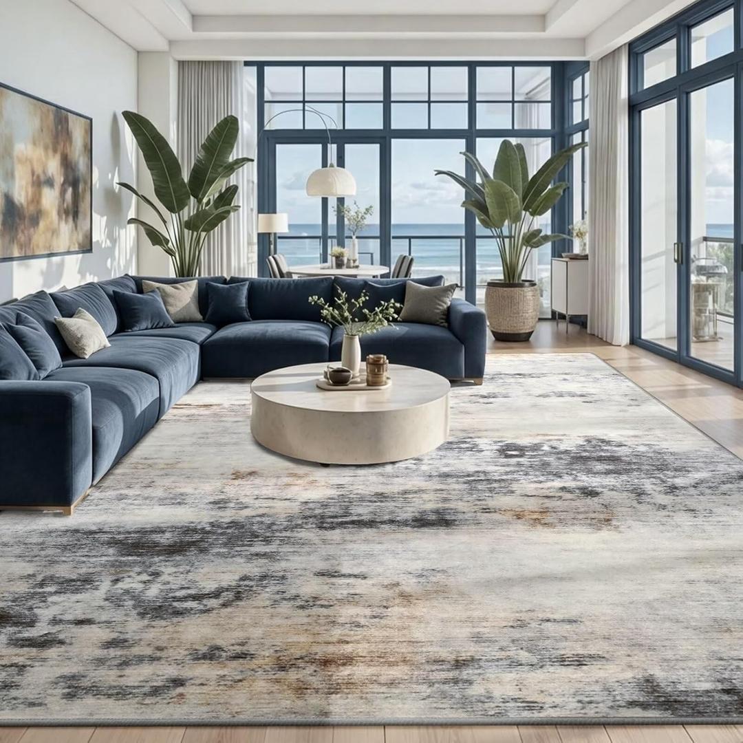 Toneed Washable 9x12 Area Rug with Non-Slip Backing for Living Room