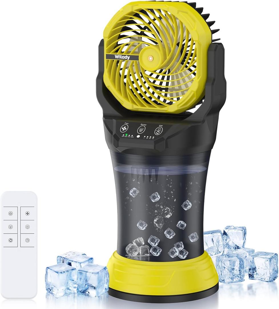 Wilody Misting Fan Portable Camping Fan 42800mAh Battery Powered with Remote Control, RGB Ambient Light with 2L Bucket, Battery Indicator, 120 Auto Oscillating, Timing Function, Grip Handle