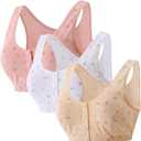 3Pack Middle-Aged Elder Woman Floral Wirefree Bra Front Button Closeure Soft Cotton Bra for Mom Grandma Gift 36B