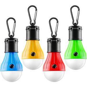 FLY2SKY Portable LED Tent Lamp, Clip Hook Hurricane Emergency Light Bulb, Camping Equipment Lanterns for Hiking, Backpacking Outage, B-CLOSED-HOOK, 4 Packs Multicolor