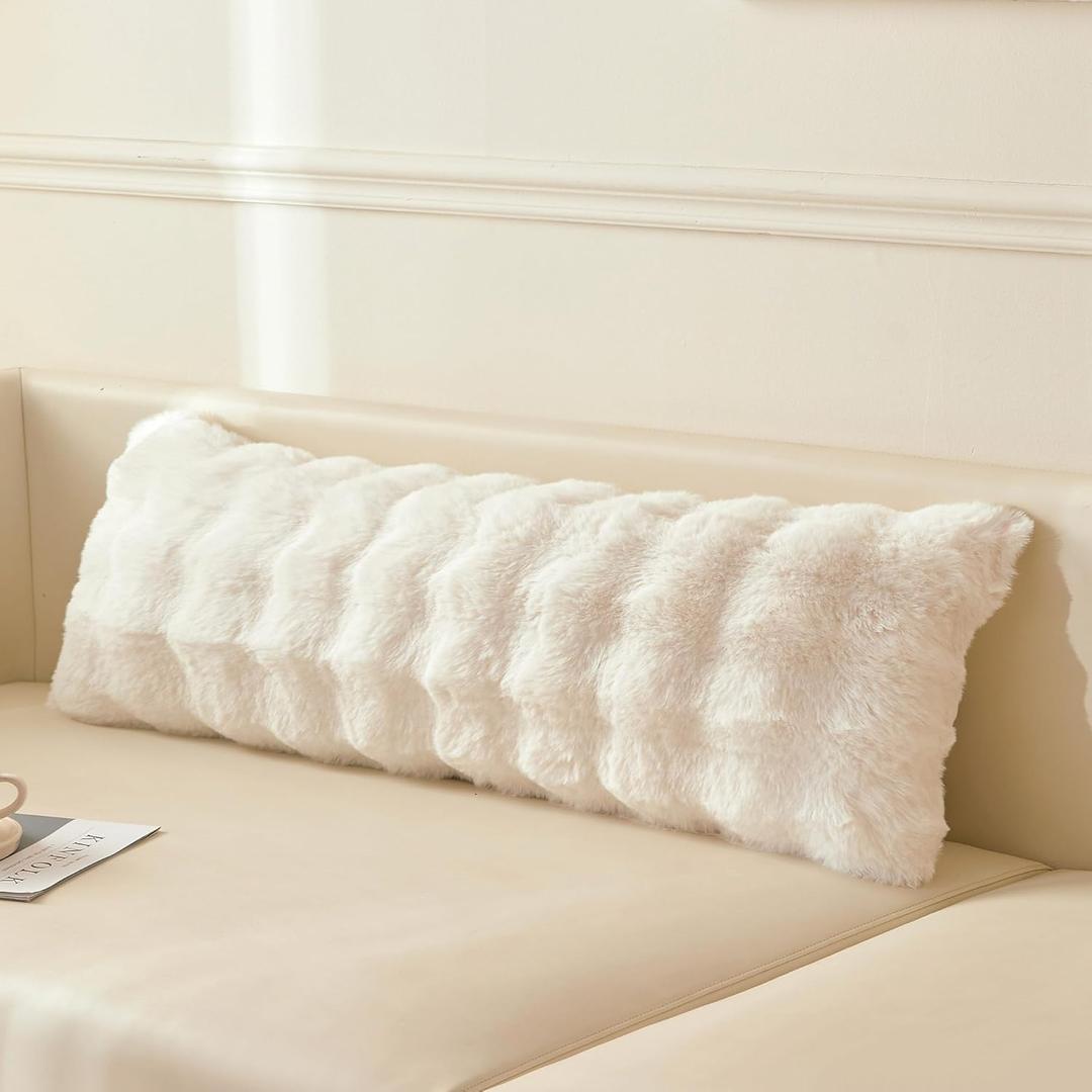 LIFEREVO Fluffy Faux Rabbit Fur Long Lumbar Decorative Throw Pillow Cover, Plush Shaggy 14x36 Bubble Waffle Cushion Pillow Sham with Zipper, Furry Fuzzy Pillowcase for Home Bed Couch Sofa, Beige