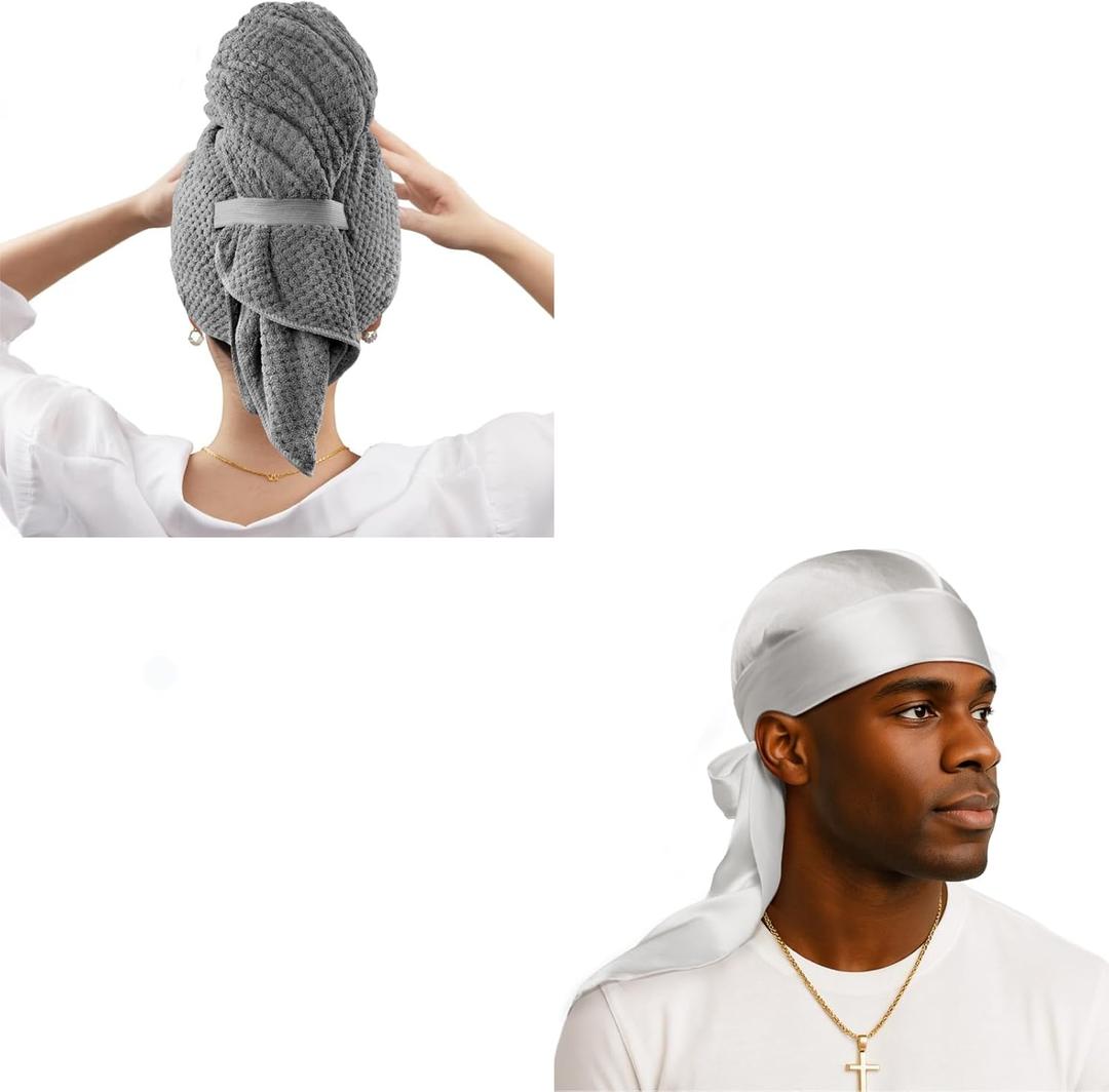 YFONG 1 PC Gray Soft Hair Drying Towel+1 PC White 100% 22 Mulberry Silk Durags