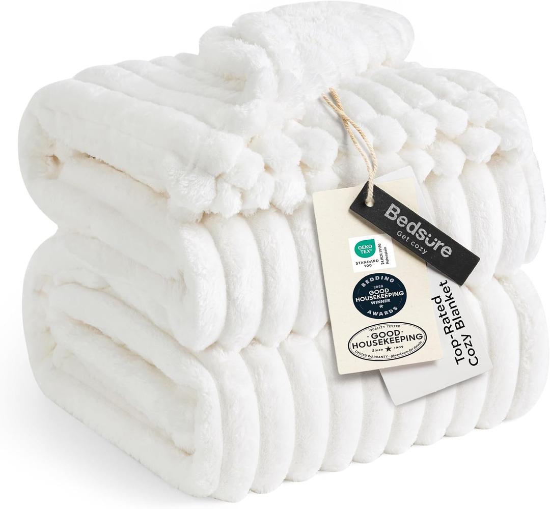 Bedsure Soft Cozy King Size Fleece Blankets for Bed Off White 108"x90"