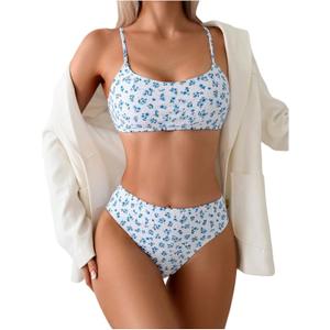 SOLY HUX Women's 2 Piece Bathing Suit Floral Print High Waisted Scoop Neck Cute Bikini Set Beachwear, Small