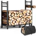 Brightown 34inch Firewood Rack Indoor with Log Carrier, Outdoor Wood Rack for Firewood,Fire Wood Storage with Kindling Hooks, Adjustable Pads, Heavy Duty Logs Holder for Fireplace Deck Outdoor, Black