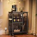 YATINEY Movable Bakers Rack, Microwave Stand with Charging Station, Kitchen Storage Rack with Hooks and Basket, Casters and Adjustable Feet, for Small Space, Kitchen, Dining Room, Black HB04UBB, 23.6"L x 15.7"W x 31.5"H