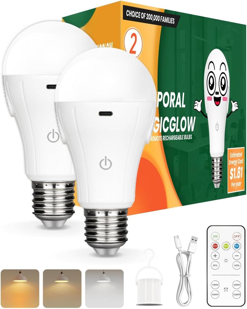 Neporal MagicGlow USB Rechargeable Light Bulbs, 3-Color Shift + 10%-100% Dimmable, Remote+Touch Control, 1800mAh Large Battery 3-20-Hour Lights Up,15W A19 E26/E27 Battery Operated Light Bulb, 2-Pack