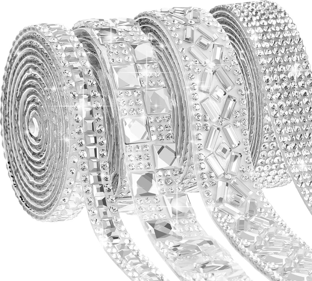 Juexica 4 Yards Self Adhesive Rhinestone Ribbons 4 Styles Rhinestone Diamond Roll Bling Ribbon Glitter Resin Diamond Belt for Home Clothing DIY Craft Wedding Baby Shower Event(White-a,Elegant)