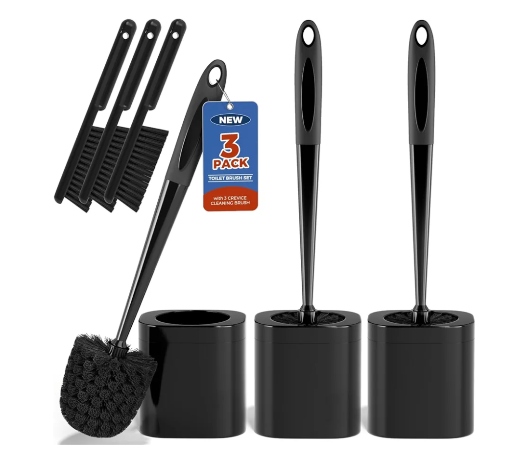 Toilet Brush, 3 Pack Toilet Brush and Holder Set Bathroom Accessories, Toilet Bowl Brush and Holder with 3 Crevice Brush for Bathroom, Toilet Scrubber Brush (Black)