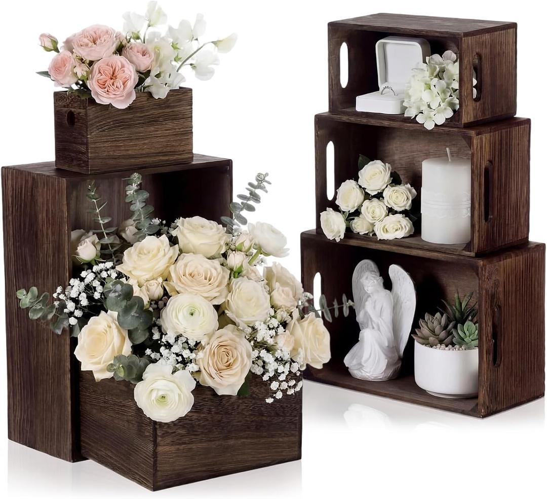 AceOrbit Set of 6 Wood Crates with Handles, Rustic Decorative Storage Boxes Distressed Wooden Nesting Display Baskets for Farmhouse, Wedding, Party Storage Display Supplies (Dark Brown)