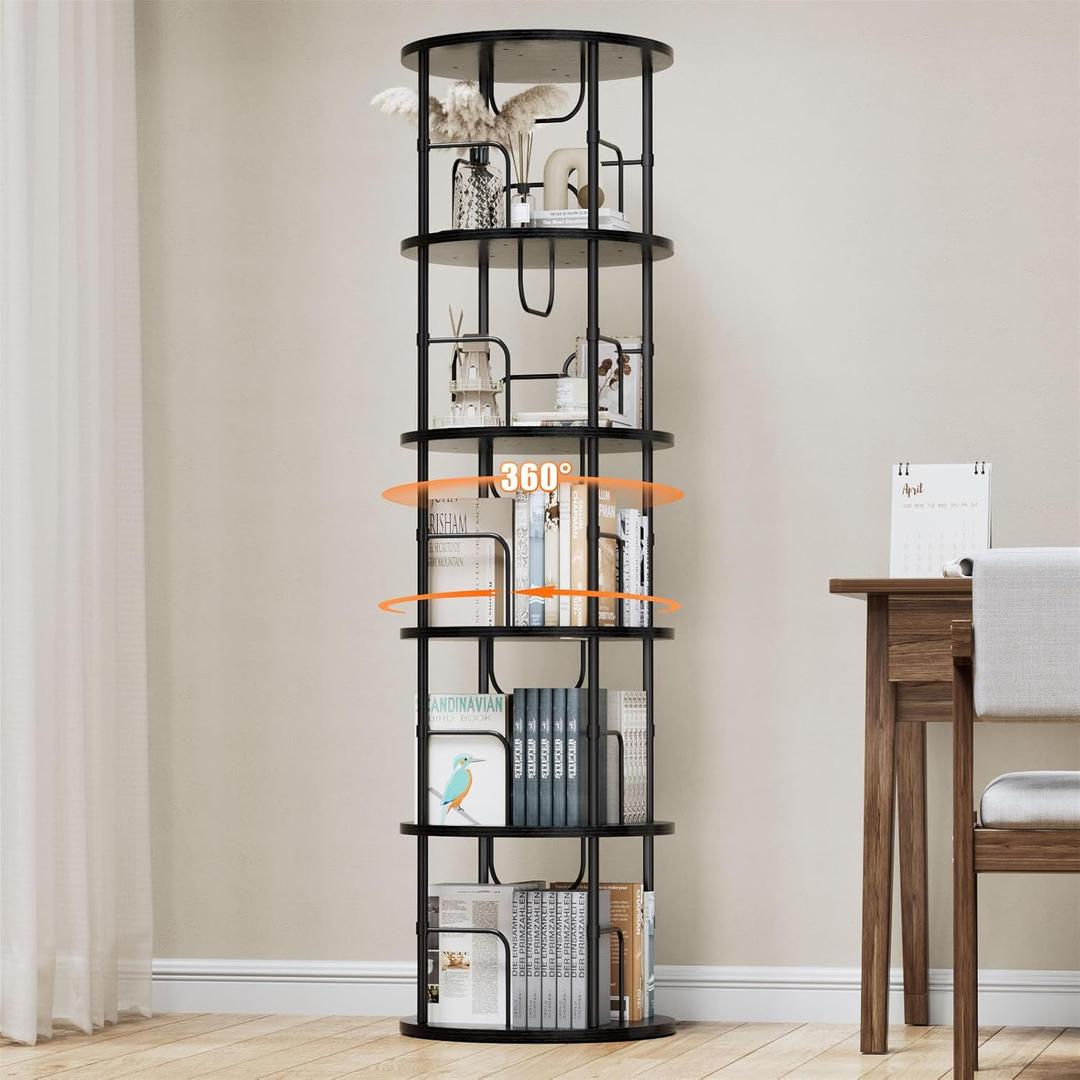 5 Tier Rotating Bookshelf, 360 ° Display Stackable Spinning Bookshelf Tower, Corner Bookshelf Tall Floor Standing Swivel Bookcase Narrow Storage Organizer for Bedroom, Living Room, Black
