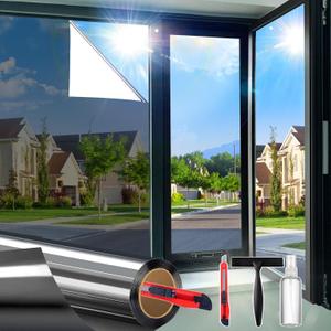 One Way Window Privacy Film See Out Not in, Window Tint for Home, Reflective Mirror Glass Windows Coverings Sun Heat UV Blocking, Black-Silver, 29.5 Inch x 157.4"