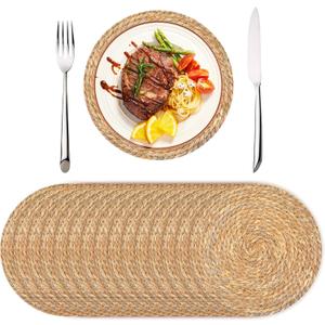 Set of 16 Round Woven Rattan Placemats, 12 Inch Boho Farmhouse Table Mats Natural Cattail Charger Plates for Dining Table Decor Heat-Resistant Braided Place Mats