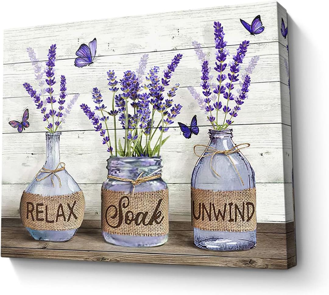 Parylore Farmhouse Bathroom Decor Wall Art Purple Lavender Picture Wall Decor Rustic Lavender In Mason Jar Painting Framed Modern Artwork For Living Room Bedroom Bathroom Office Home Decor 16x20 In