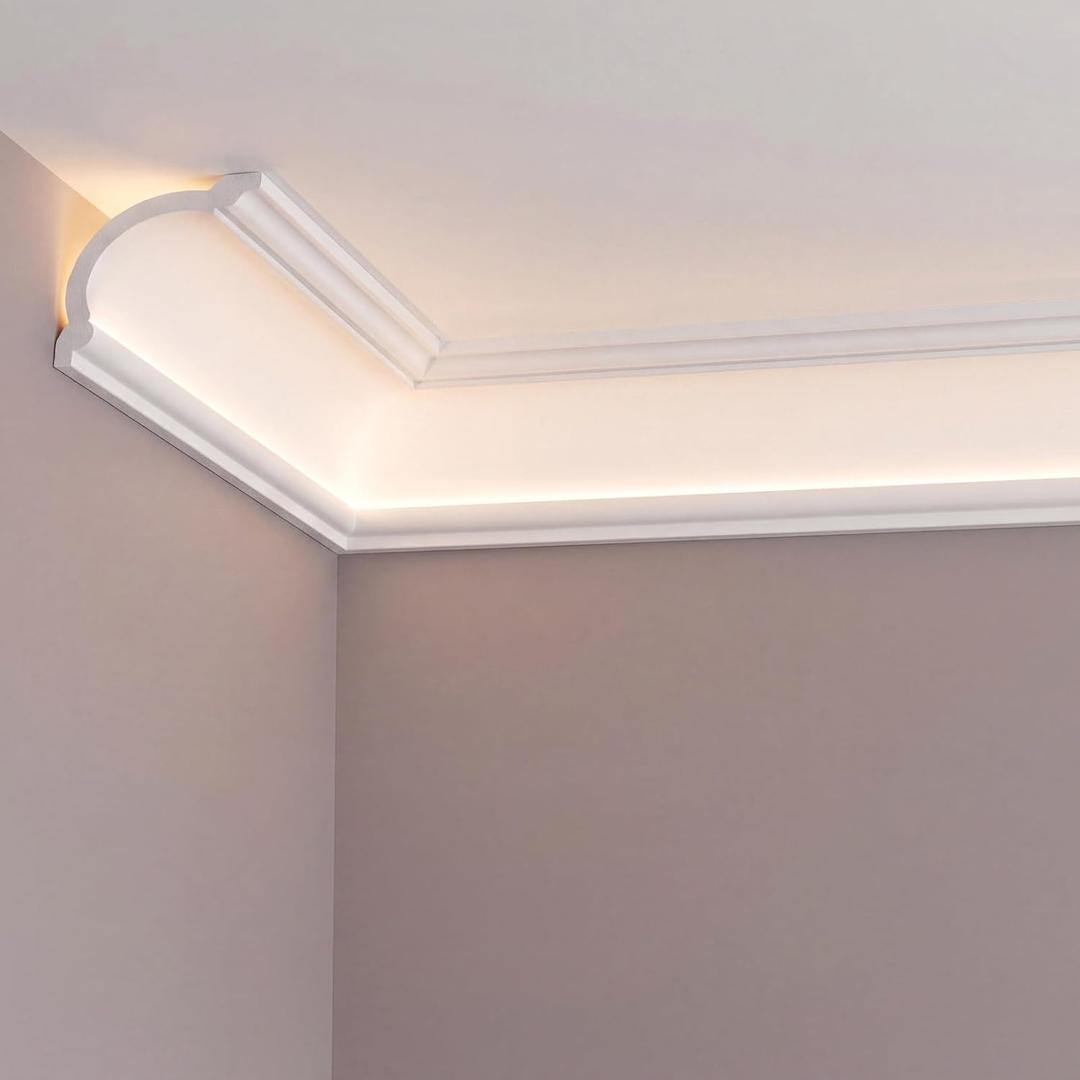 Pushglossy 8 Pcs Round 47.24"(Total 31.5 Ft) Ceiling Crown Molding with LED Duct Kit for Seamless Ambient Waterproof Lighting Channel for Easy LED Trim Moulding Strip Installation