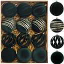 Christmas Ornaments Set of 12, 3.15" Flocked Velvet Balls with Hand Painted Designs, Emerald Green Elegant Christmas Tree Decorations in Gift Box