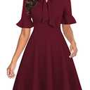 Burgundy Dresses for Women Formal Cute Modest Wine Colored Red Short Sleeve Tie Neck Flowy Aline Summer Cocktail Dress Vestido Color Vino S
