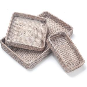 Rattan Serving Tray, Rectangular Woven Tray, Natural Wicker Decorative Serving Baskets for Organizing Tabletop Bathroom Kitchen Counter (White)