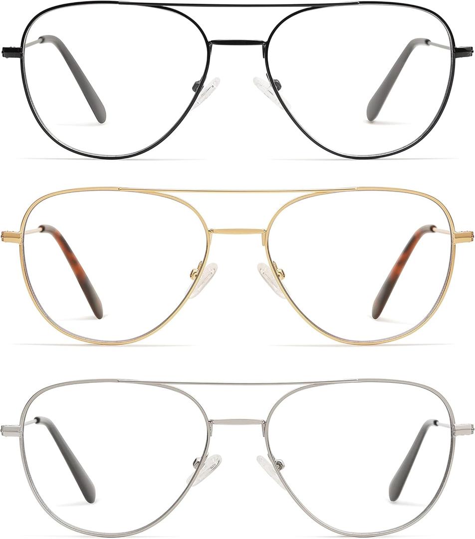 3-Pack Retro Aviator Reading Glasses for Men Women Trendy Square Blue Light Blocking Computer Readers Metal AM6092A (Shiny Black+gold+silver)