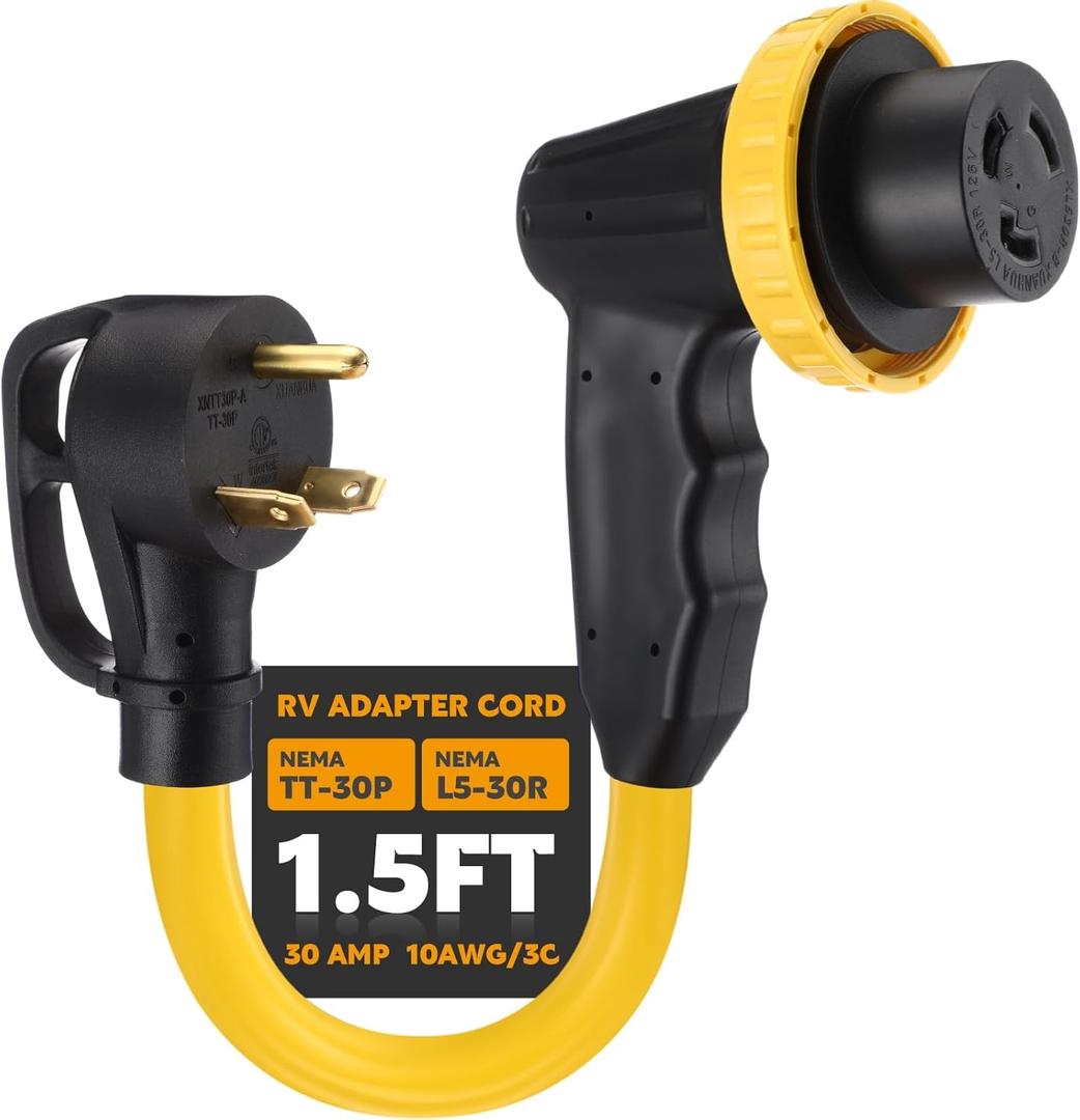 Kanayu 30 Amp RV Marine Adapter RV Extension Cord with Locking Connector Plug Compatible with NEMA TT-30P to L5-30R, Generator Power Cord with 90° Grip Handle, 10AWG/3C STW, ETL Listed(1.5ft)
