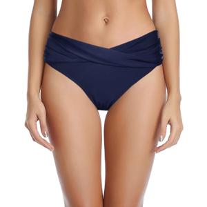 Tempt Me Women Twist Bikini Bottom Moderate High Cut Bathing Suit Bottoms Ruched Swimsuit Bottom (Navy Blue, Medium)