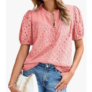 Glamaker Womens Summer Tops Blouse 2025 Casual Eyelet Embroidered Short Puff Sleeve Lace Hollow Out Button Dressy Shirts, Large Glamaker Womens Summer Tops Blouse 2025 Casual Eyelet Embroidered Short Puff Sleeve Lace Hollow Out Button Dressy Shirts, Large