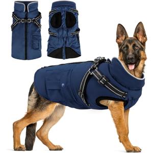 Dog Winter Coat with Harness Built-in | Waterproof Dog Jacket with Zipper & Fleece Lining | Reflective Cold Weather Coat for Small Medium Large Dogs (Navy Blue), Size: XX-Large