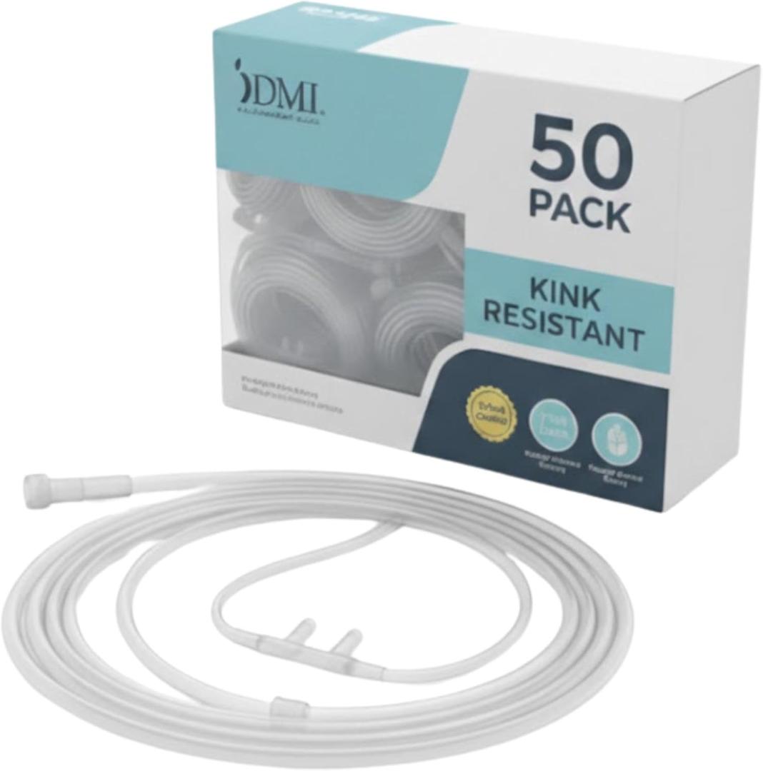 DMI [50 Pack] Gentle Feel 7 ft. Nasal Oxygen Cannula Tubing, Adult Size, Kink-Resistant Oxygen Tubing, Standard Connector, Individually Wrapped