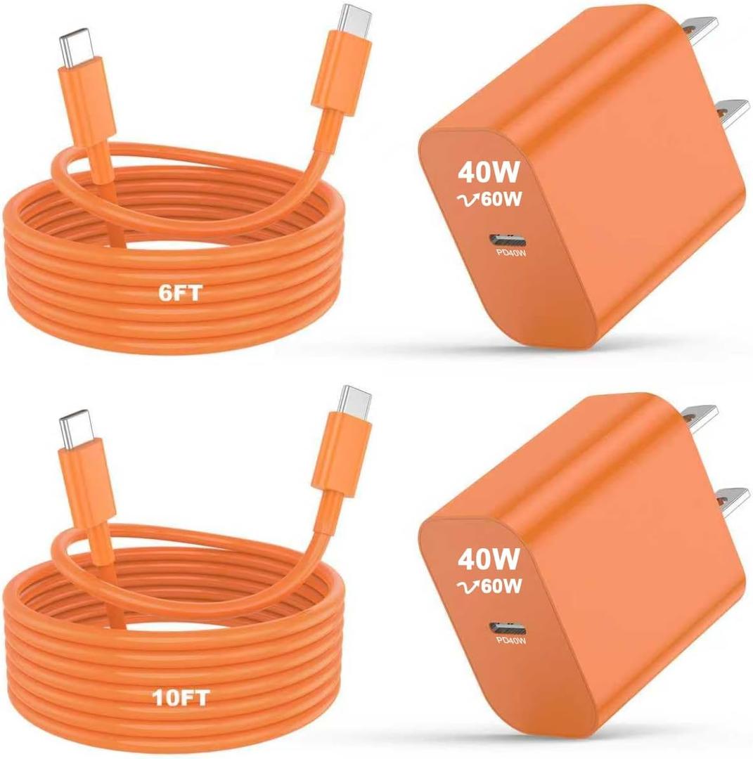 iPhone 17 16 15 Pro Max Charger Fast Charging 2 Pack 40W USB C Super Fast Charger Block with 6/10FT Long USB C Charging Cable Cord for iPhone 17 16 15 Pro Max/16 15 Pro/16 15,iPad Pro/Air, MacBook (Orange)