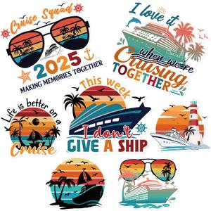 Family Cruise Door Decorations - 7 Pcs Large Retro Stateroom Door Magnets 2025 Cruise Squad Palm Tree Magnetic Stickers Decals for Party Supplies Holiday Carnival Ship Cabin Decoration