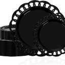 COLOSUS 60pcs Black Plastic Plates Set,Fancy Baroque Plates,Elegant Lace Rim Disposable Plates,Plastic Plate for Party include 30 Dinner plates and 30 Dessert plates for Halloween,Party,Wedding