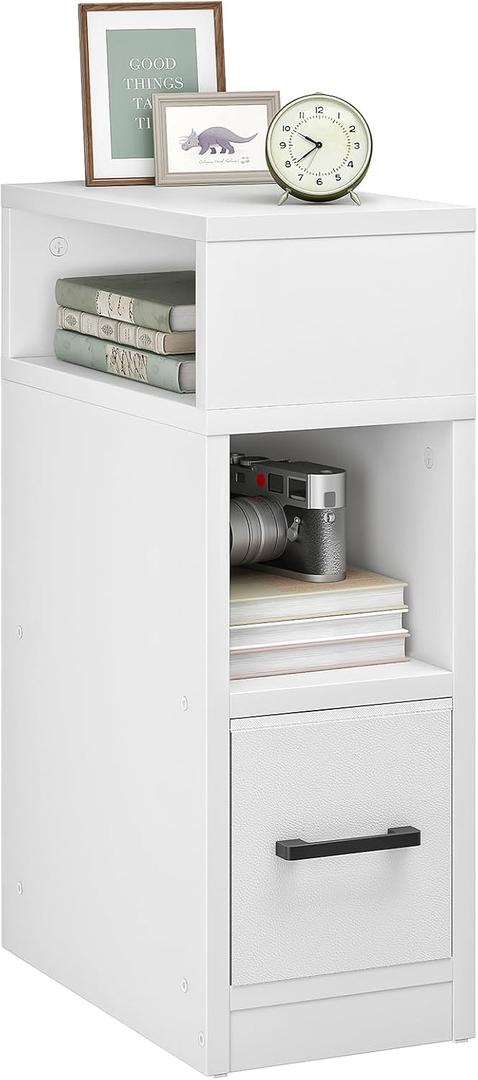 CHOEZON Narrow Side Table, 7.9" Small Nightstand with Drawer, Skinny Bedside Table, for Small Spaces, Flexible Open Compartment, for Bedroom, Living Room, White MBZ11WB, 15.7"L x 7.9"W x 23.6"H