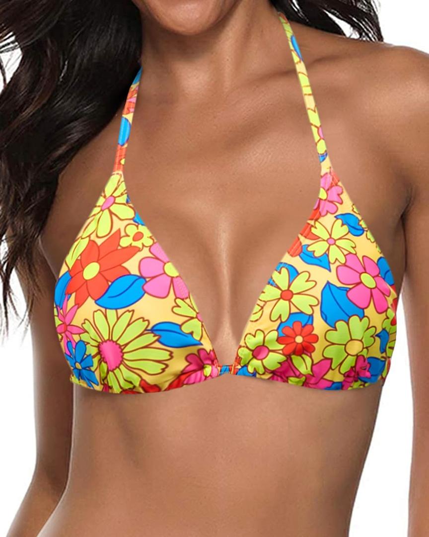 Tempt Me Women Triangle Bikini Top String Halter Bathing Suits Top Only No Bottom (Large, Colorful Flowers)