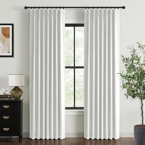 100% Blackout Shield Linen Look Textured Pinch Pleated Curtains Blackout Drapes 96 Inch Long 2 Panels Set, Faux Linen Blackout Curtains for Bedroom & Living Room, 40" W x 96" L, Bright White